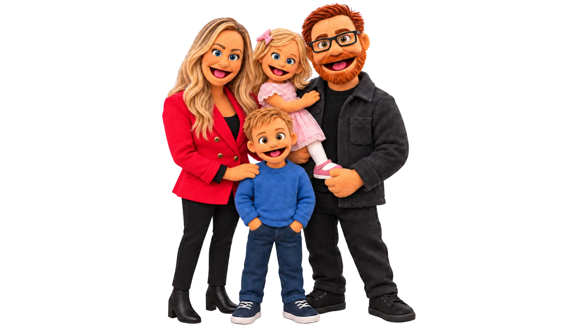 Matt with his wife and two children as handcrafted puppet characters