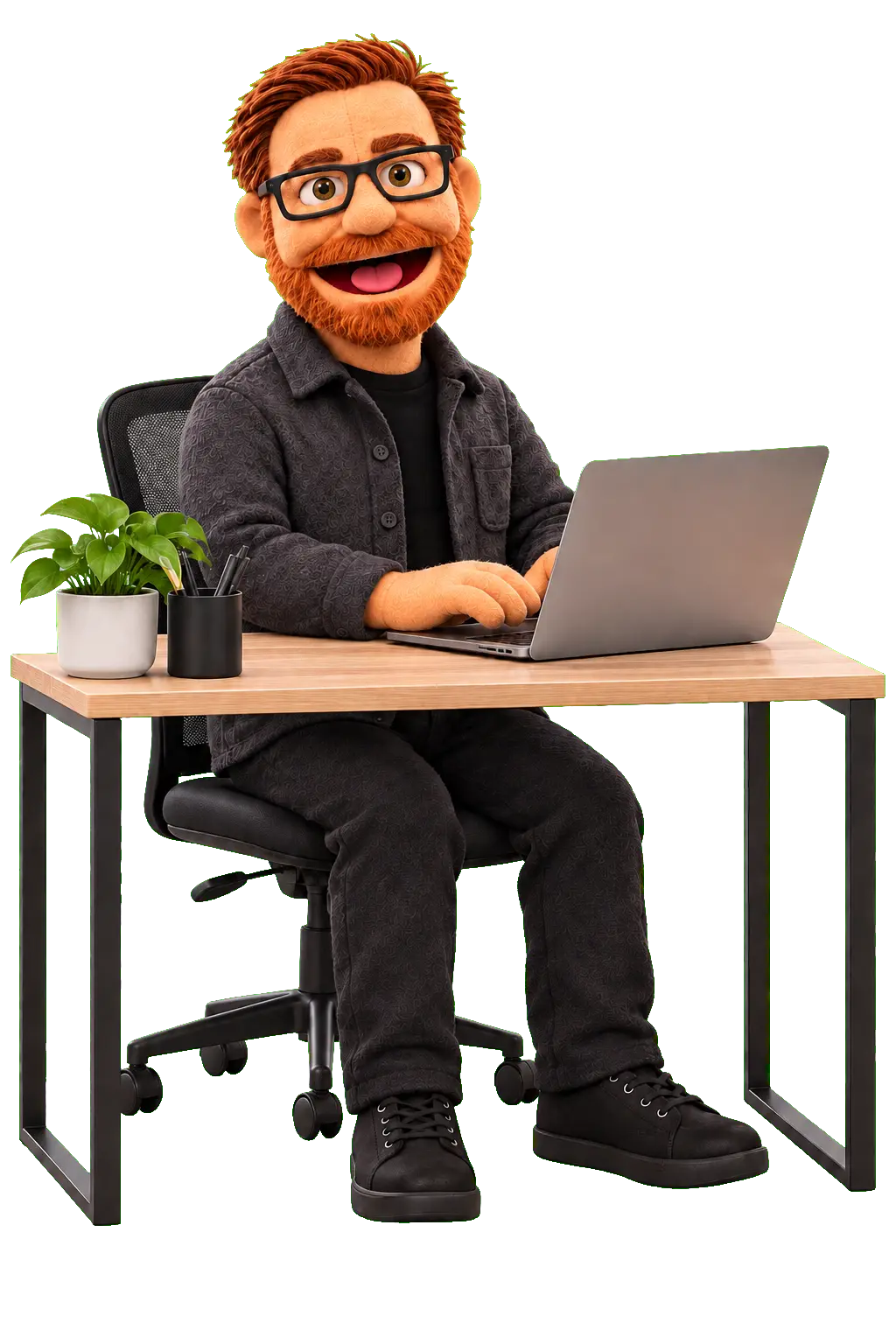 Matt's puppet character working at a desk